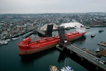 Double Jackknife Drawbridge open for the passage of a bulk carrier Chelsea Massachusetts 