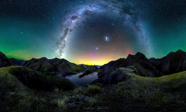  Panorama of Milky Way arching over Moke Lake Queenstown with Aurora Australis and green Airglow  south_of_home