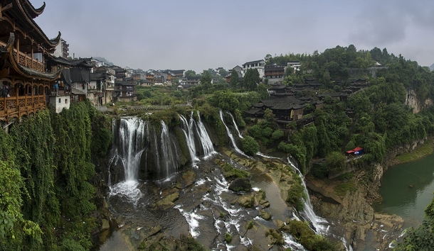    pixels Furong a Tujia peoples village in China centered about a waterfall