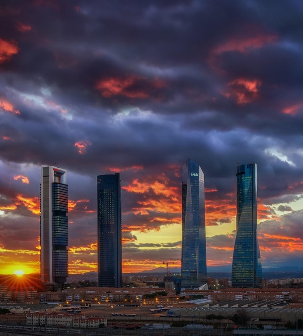  Towers and Firey sunset Madrid Spain Photo Credit  darklogan