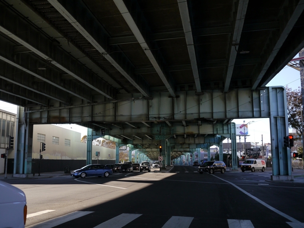  Under the steel girder portion of the Central Freeway completed to Mission Street in  before prestressed concrete became the material of choice for viaducts