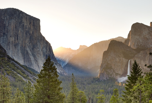 A beautiful summer sunrise at Tunnel View in Yosemite National Park CA USA 
