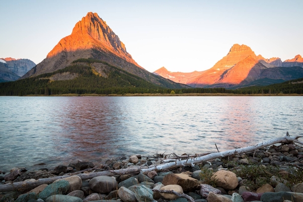 A calm peaceful morning at Swiftcurrent Lake in Montana 