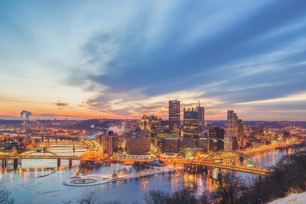 A colorful sunrise from the end of Mt Washington in winter in Pittsburgh 