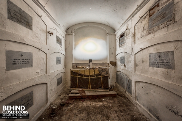 A crypt below a chapel in an abandoned Italian villa where the family elders were laid to rest 
