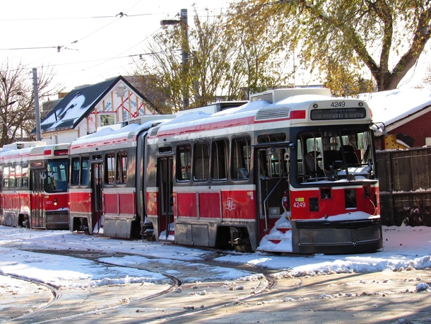 A decommissioned snowed in ALRV tram in Toronto ON 
