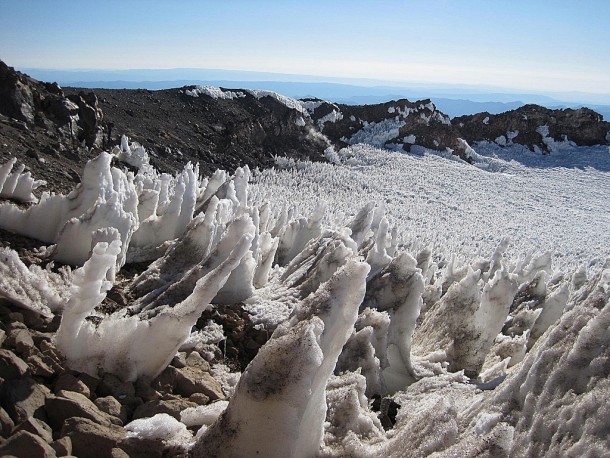 A field of Penitentes rare formations of snow and ice that only occur at high altitudes 