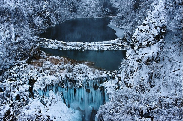A frozen lake in Plitvice Lakes National Park in Croatia 