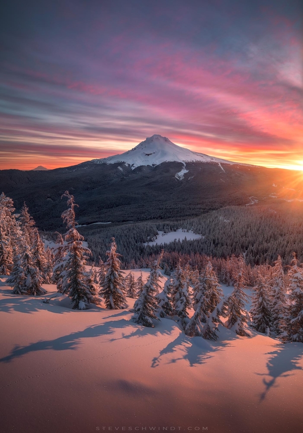 A gorgeous sunrise from this past weekend atop Tom Dick amp Harry Mountain Oregon looking out at Mt Hood after mid-April snow showers 