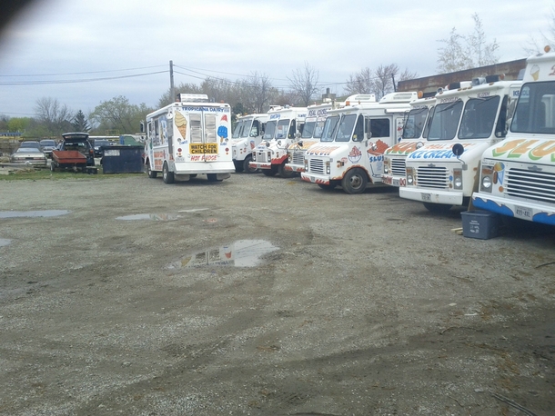 A lot filled with old ice cream trucks 