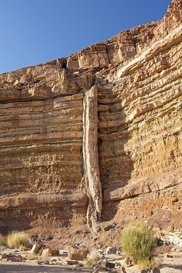 A magmatic dike cross-cutting horizontal layers of sedimentary rock in Makhtesh Ramon Israel  Andrew Shiva