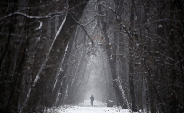 A man walks at a park during a snowfall in downtown Sofia Bulgaria 