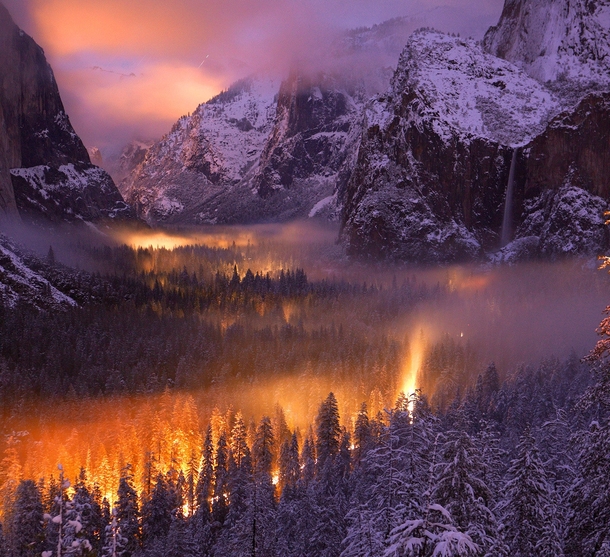 A mist had settled over Yosemite Valley as automobiles passed through headlights illuminated the fog by Phil Hawkins 