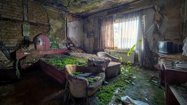 A moss covered bed in an abandoned bedroom by Haker Matthias 