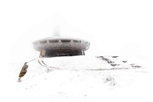 A photo I took in December  of the Buzludzha Memorial House in Bulgaria during a blizzard 