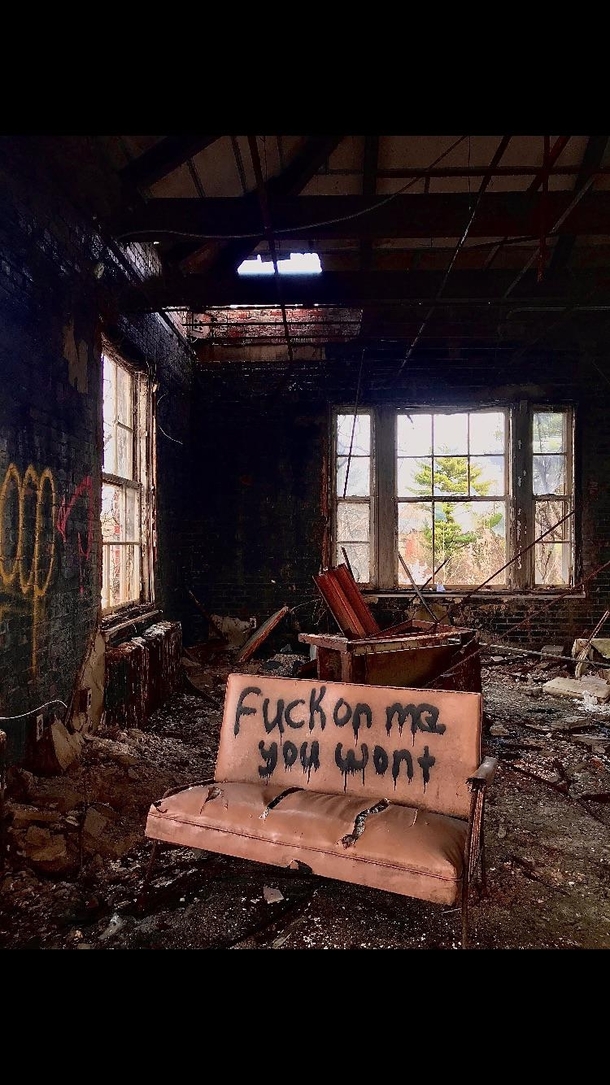A picture my sister took at an abandoned and graffitid asylum