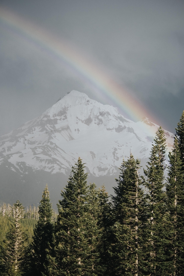 A rainbow formed over Mount Hood OR 