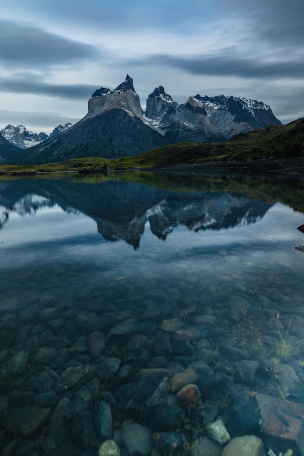 A rare somewhat windless dawn in Torres del Paine National Park 