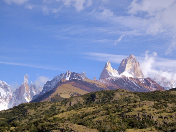 A rare sunny day in Argentinian Patagonia Cerro Torre on the left Fitz Roy on the right 