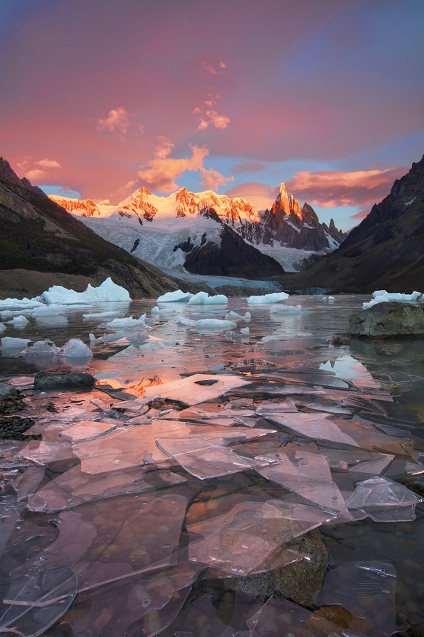A red sky and shards of ice near Cerro Torre Patagonia  by Jane Wei