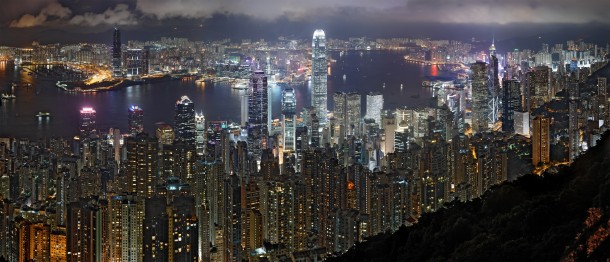 A  segment non-HDR panorama of the Hong Kong night skyline Taken in June from Lugard Road at Victoria Peak   Samuel Louie 
