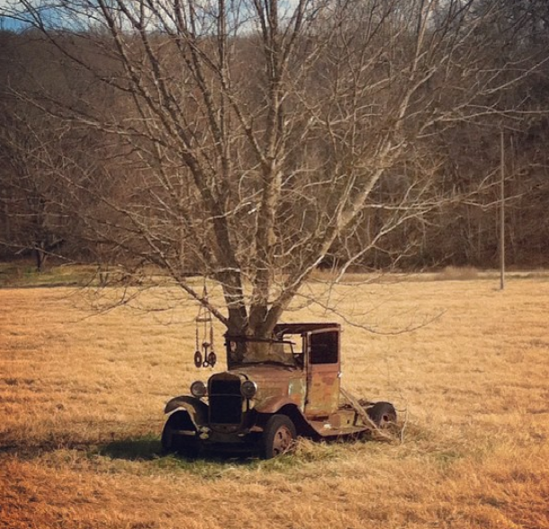 A tree grows through an abandoned car in rural Benton
