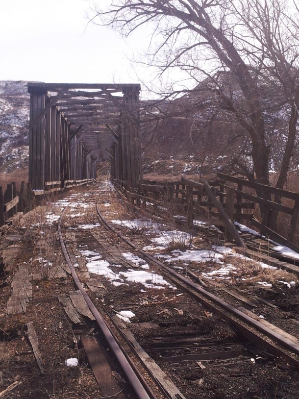 Abandon railroad bridge in East Coulee Alberta Canada