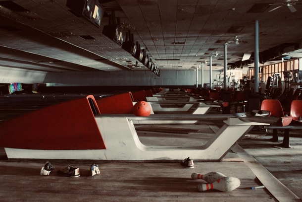 Abandoned bowling alley - complete with all the balls pins and shoes you could ever dream of 