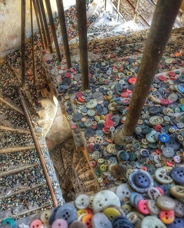 Abandoned button factory staircase Stolen from facebook