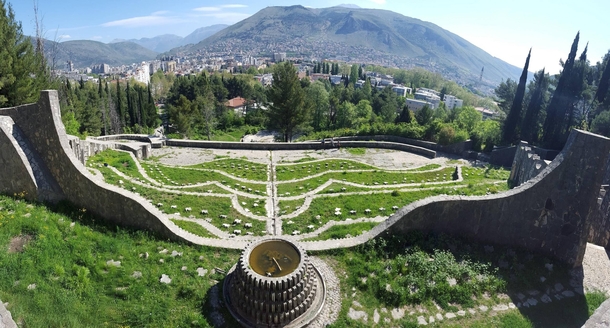 Abandoned s era modernist-style WWII cemetery in the ethnically divided city of Mostar Bosnia 