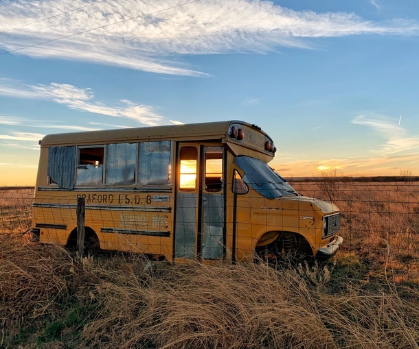 Abandoned school bus rural highway near Graford Texas