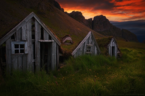 Abandoned Turf Houses near Stokksnes Southeast Iceland  by Ryan Buchanan