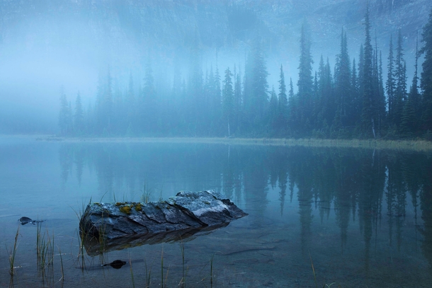 Absolutely one of the most eerie yet beautiful shots Ive seen to start the morning - Mary Lake Yoho National Park BC Canada  Photo by Peter Essick