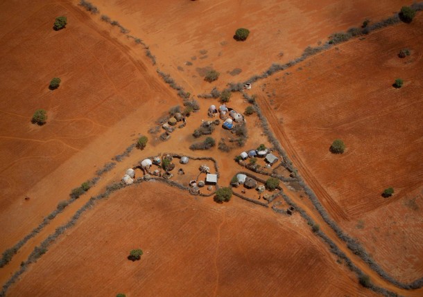 Aerial view of a typical homestead on the outskirts of the southern Somali port city of Kismayo 