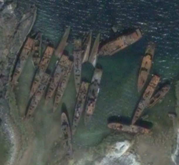 Aerial view of abandon Russian warships   