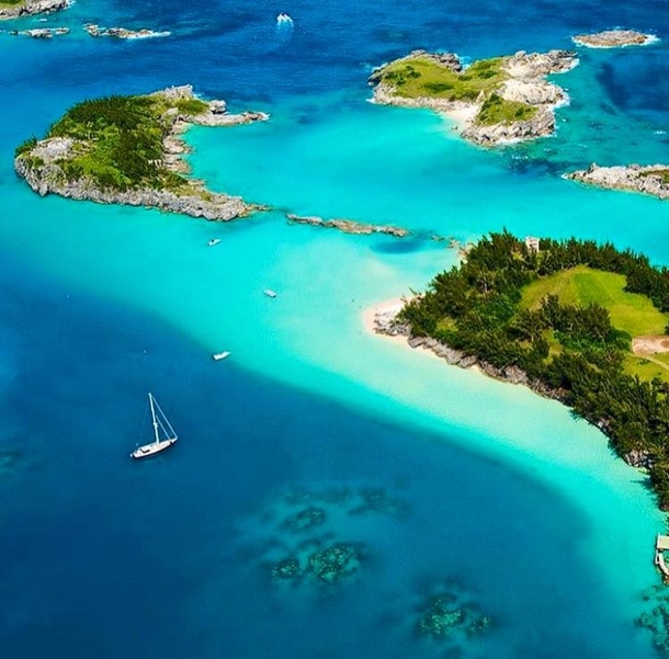 Aerial view of Castle Islands in Bermuda Until the late s this was the main channel into the island and was guarded by forts on the three islands at the top of the picture hence the name 