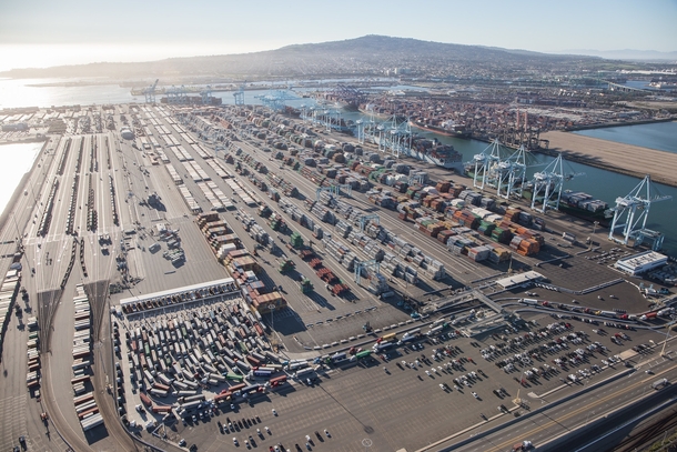 Aerial view of LA Docks during the current labor strife - 