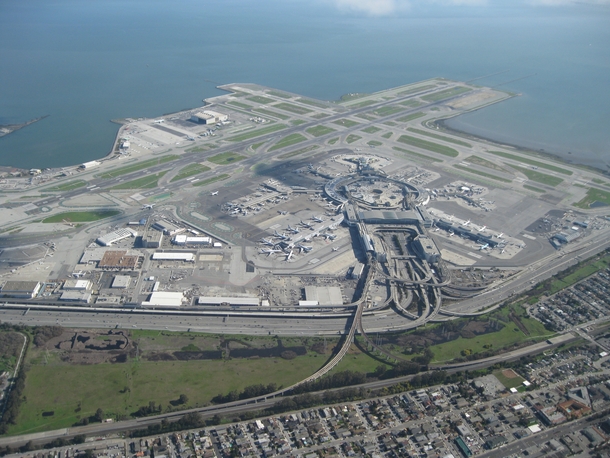 Aerial view of the San Francisco International Airport and its infrastructure 