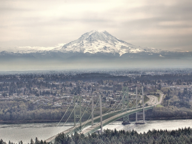 Aerial view of the Tacoma Narrows Bridge and Mt Rainier - Tacoma Washington US 
