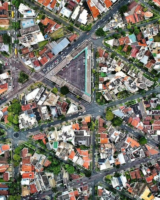 Aerial view of triangle-shaped city blocks in Curitiba Brazil 