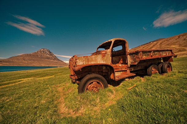 An abandoned rusting truck in the beautiful fields of Iceland 