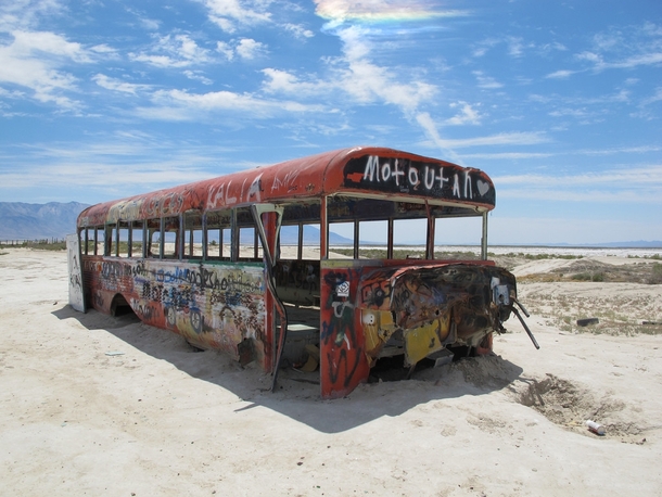 An abandoned spray painted bus in Utah near the Salt Flats 