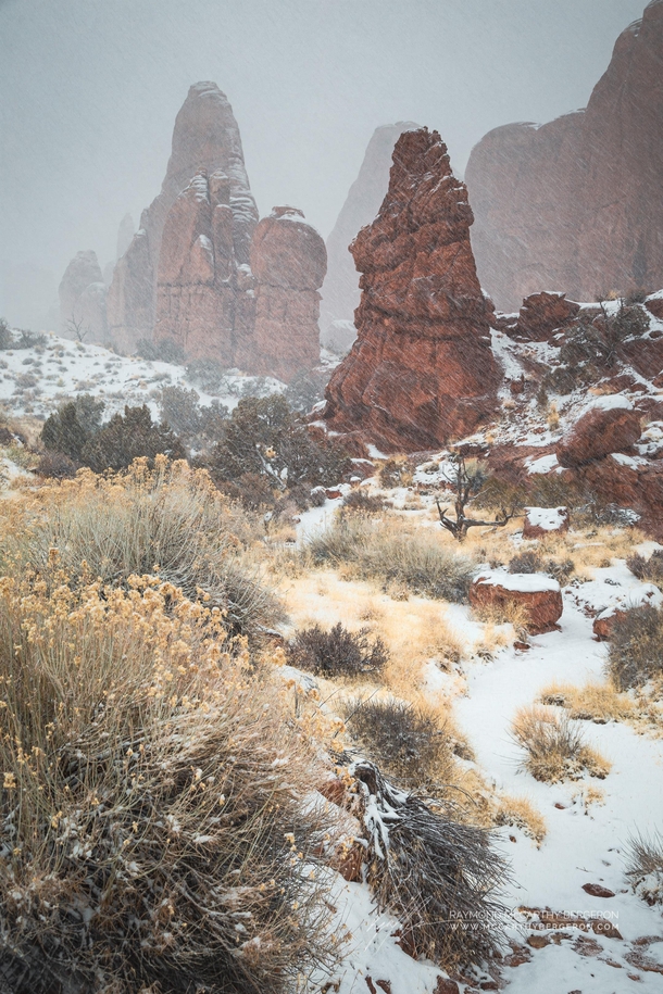 An afternoon walk in a blizzard at Arches National Park Utah 