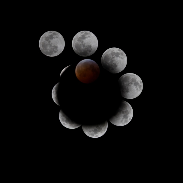 An alternate arrangement of lunar eclipse photos depicts the Earths shadow