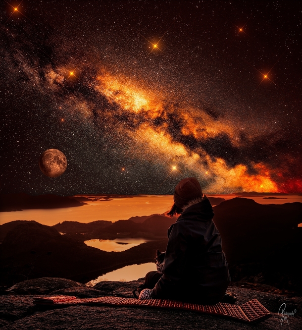 An astro composite i made consisting of a milkywayphoto Tracked and stacked st min exposure  calibration frames bortle  a moon photo st tracked exposures  calibration frames bortle  fml And a single long exposure picture of my girl during sunset on a moun