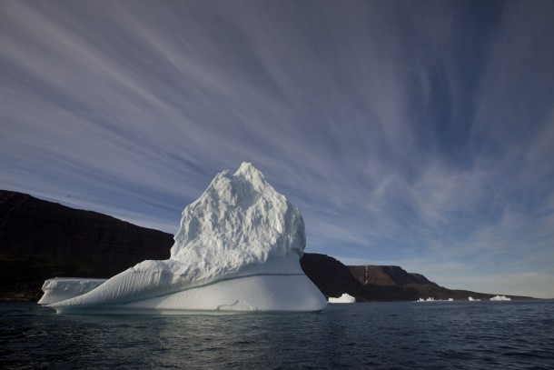 An iceberg floats in the sea near Qeqertarsuaq Disko Island Greenland 