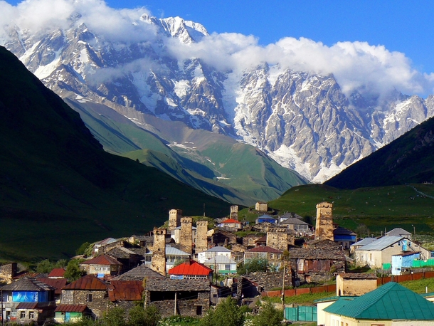 Ancient village of Ushguli in Georgia with Mt Shkhara in the background The elevation difference between the two is  m and distance only  km 