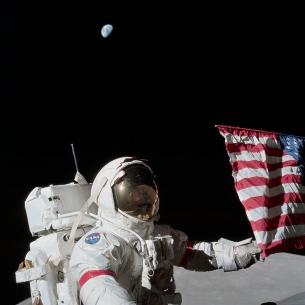 Apollo  Commander Eugene Cernan and the US flag on the lunar surface