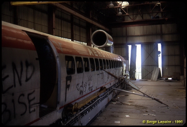 Arotrain i-HV a jet-powered monorail hovercraft sits abandoned in a hangar at Chevilly France in  It was destroyed by fire two years later Serge Lepaire 