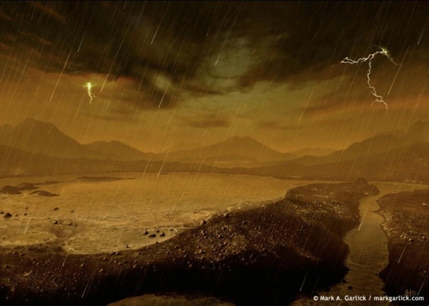 Artists illustration of methane rain on Saturns largest moon Titan lt